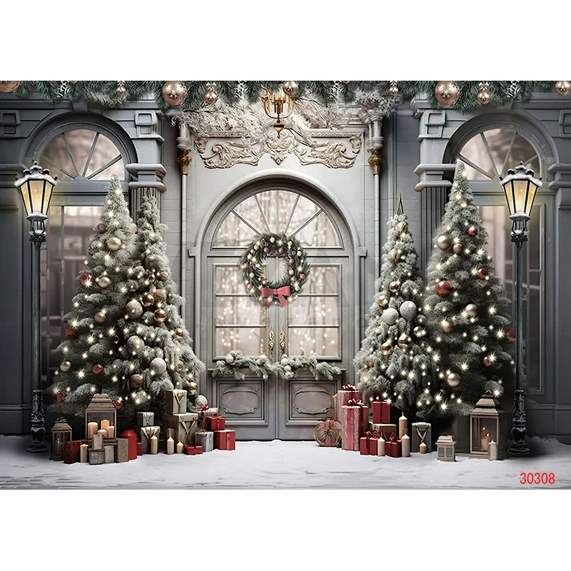 SHUOZHIKE Christmas Tree Photography Backdrop Prop Wooden Doors Snowman Cinema Pine New Year Window Wreath Studio Background