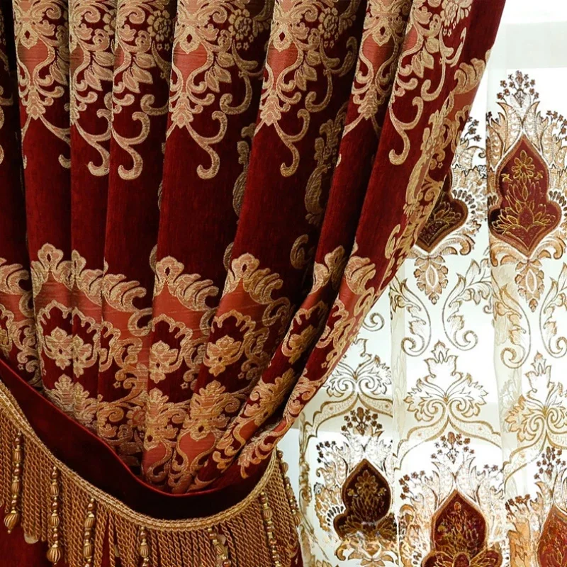 Luxury Red Chenille Curtains for Living Dining Room Bedroom Blackout Jacquard Curtain Tulle Valance Custom Retro Print Tulle