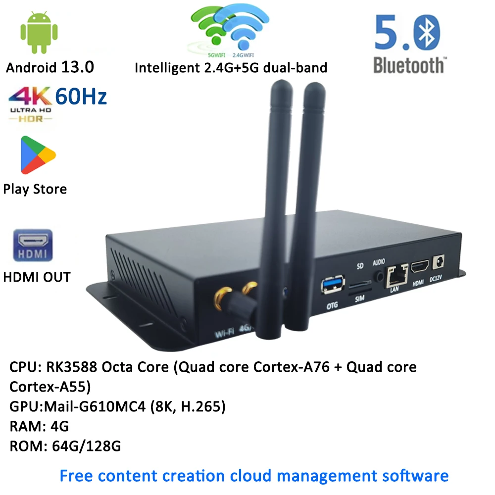 RK3588 RK3399 RK3568 RK3566 4K UHD HD-MI OUT USB3.0 intelligent 2.4G+5G dual-band WIFI Android13  LCD digital signage player box