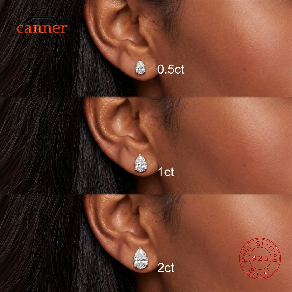 CANNER 925 Sterling Silver 0.5-2CT Pear Cut CZ Stud Earring For Women Girls 18K Gold Plated Earring Simple Wedding Party Jewelry