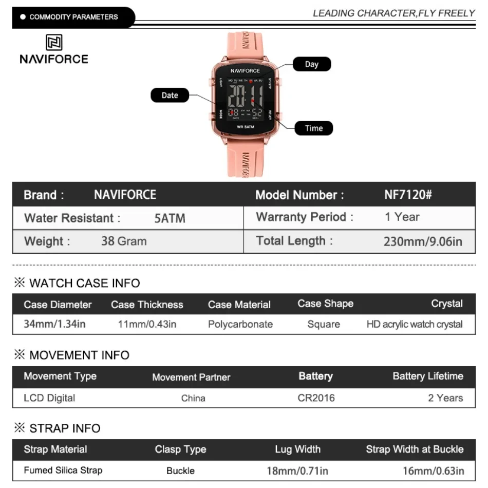 NAVIFORCE NF7120 Calendario Orologi elettronici Sport da donna Display LCD impermeabile Orologio semplice con cinturino in silicone quadrato