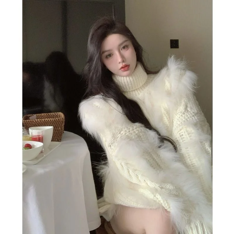 Pullover Sweater Female Goddess Model High Neck Top Women Winter New Celebrity Long Sleeve White Coat Pullover Sweater Women