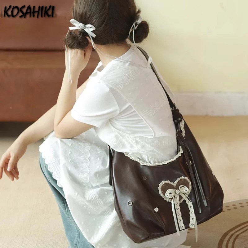 

Streetwear Vintage Heart Bow Crossbody Bag Y2k Aesthetic Women Fashion Handbags All Match Casual Trendy Shoulder Bag Japanese