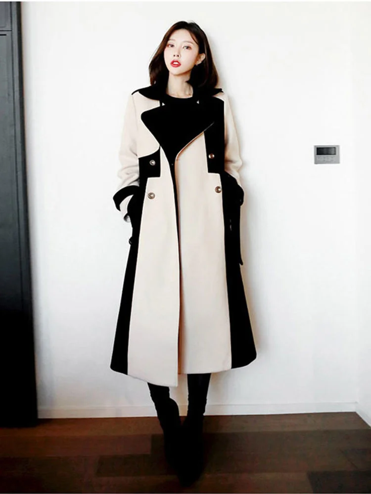 DEAT Woman Trench Coat Color Block With Belt Notched Full Sleeve Elegant High Street Style 2024 New Autumn Fashion 15TT172