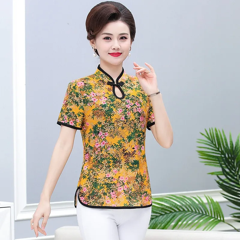 T-shirt donna estiva Vintage donna colletto Cheongsam stampa elegante top donna pullover selvaggio t-shirt Slim fit