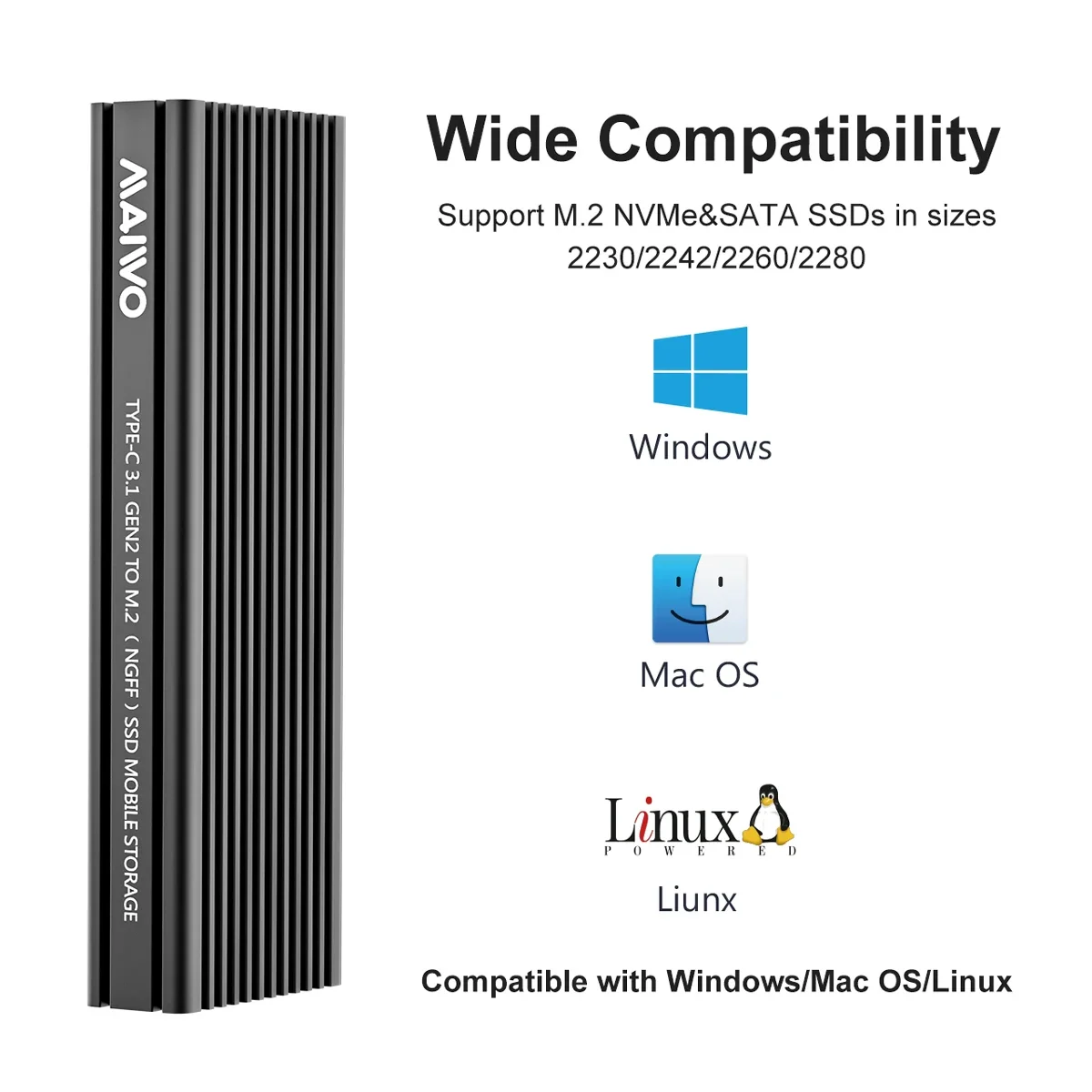 MAIWO M.2 SATA и NVMe комбинированный корпус SSD с алюминиевым радиатором USB3.2 Gen2 Тип C 10 Гбит/с Поддержка UASP для ноутбука