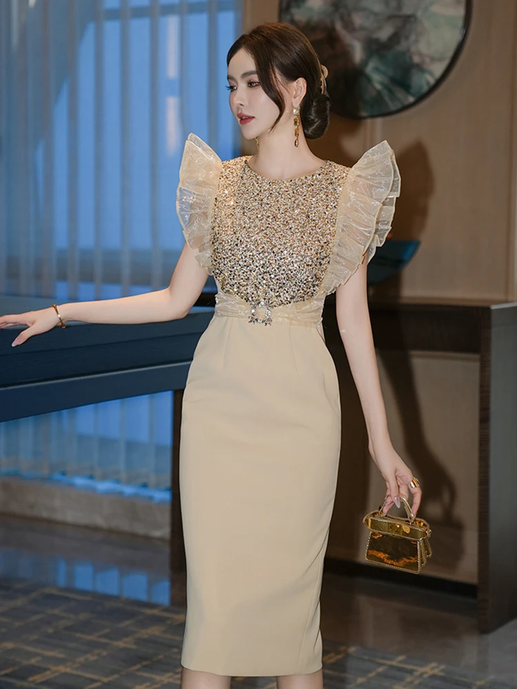 Fashion Elegant Sparkly Sequins Evening Dress Women Clothes Cute Sweet High Waist Midi Robe Female Party Prom Banquet Vestidos