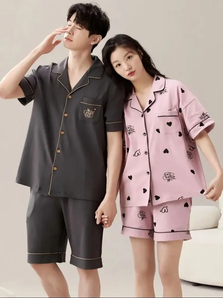 Short Sleeve Sleepwear Couple Thin 2pieces Pyjamas 2024 Cotton Round Pijama Short Couples Matching Korean Reviews Many Pajamas