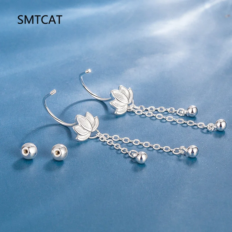 حقيقي 925 فضة زهرة اللوتس شرابة سلسلة الخرز المسمار وأقراط للنساء حفل زفاف غرامة مجوهرات