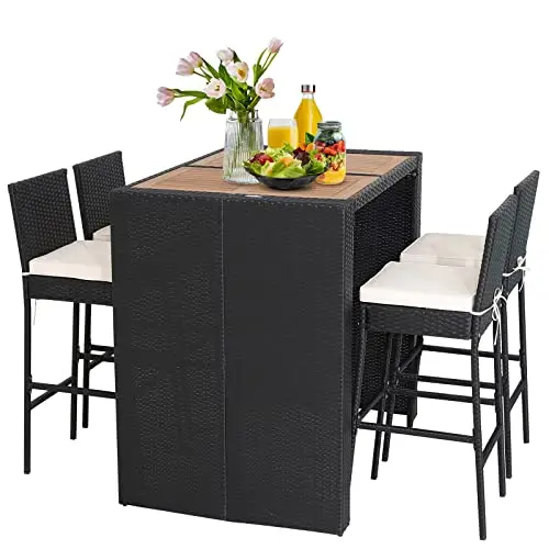 5 Piece Patio Wicker Bar Set, Patiojoy Outdoor Acacia Wood Bar Height Table & 4 Rattan Bar Stool Chairs with Backrest
