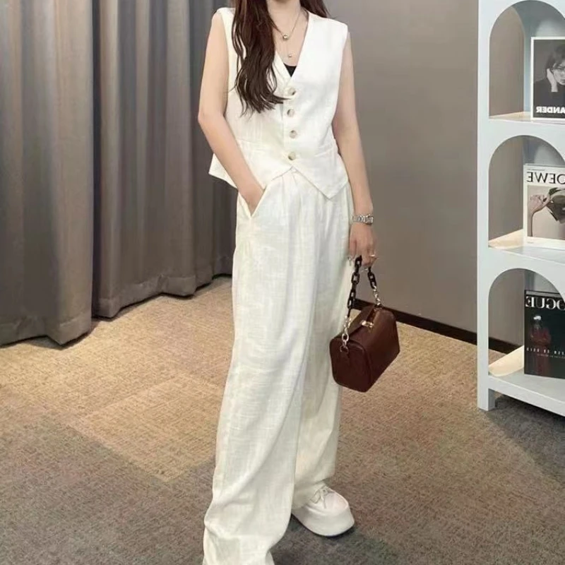 High-end Line Moonlight First Love Light Luxury Linen Two-piece Set 2024 Summer Sleeveless Vest Suit Wide-leg Pants Set 2024