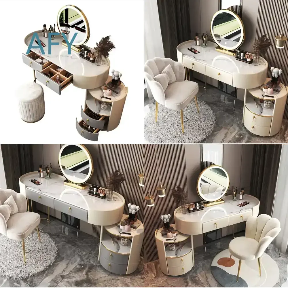 Nordic Dressing Table with Mirror and Stool for Bedroom LED Lighted Vanity Table with 3 Adjustable Brightness Mirrors Gold