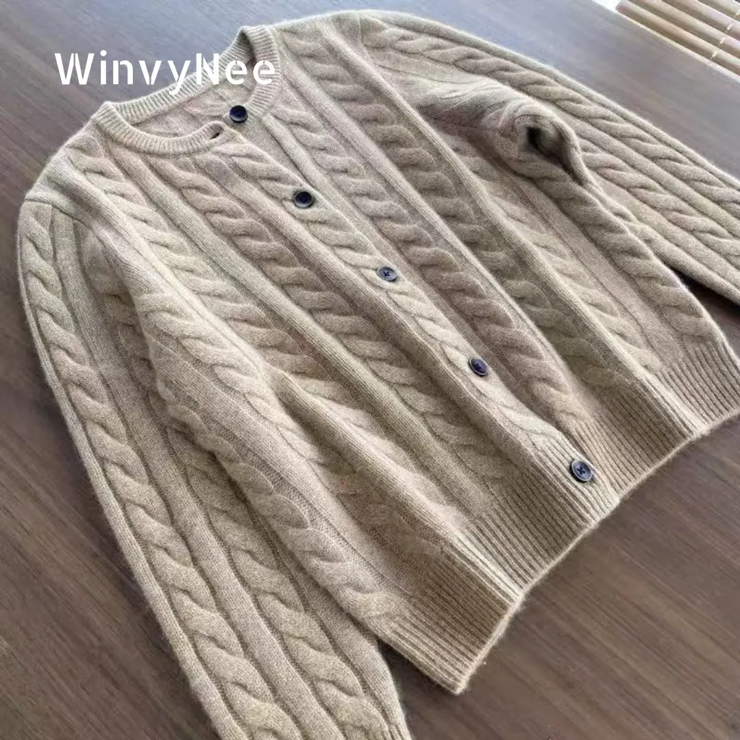 Women's Wool Cardigan Camel Solid O-Neck Knit Sweater