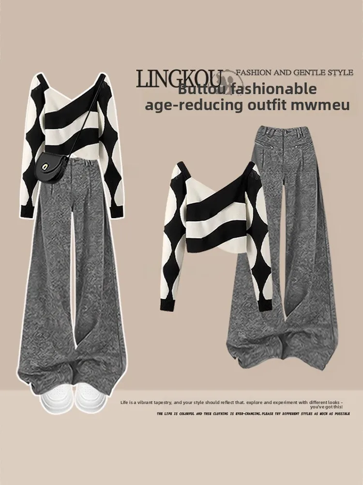 Casual Stripe Top And High Waist Wide Leg Pants Two Piece Set for Women Autumn Fashion Ensemble Slimming Effect Younger Look