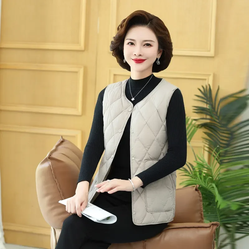 

Middle Aged Women's Clothing Diamond Grid Cotton Vest for Women Spring Autumn Casual Loose Lightweight Sleeveless Jacket Top