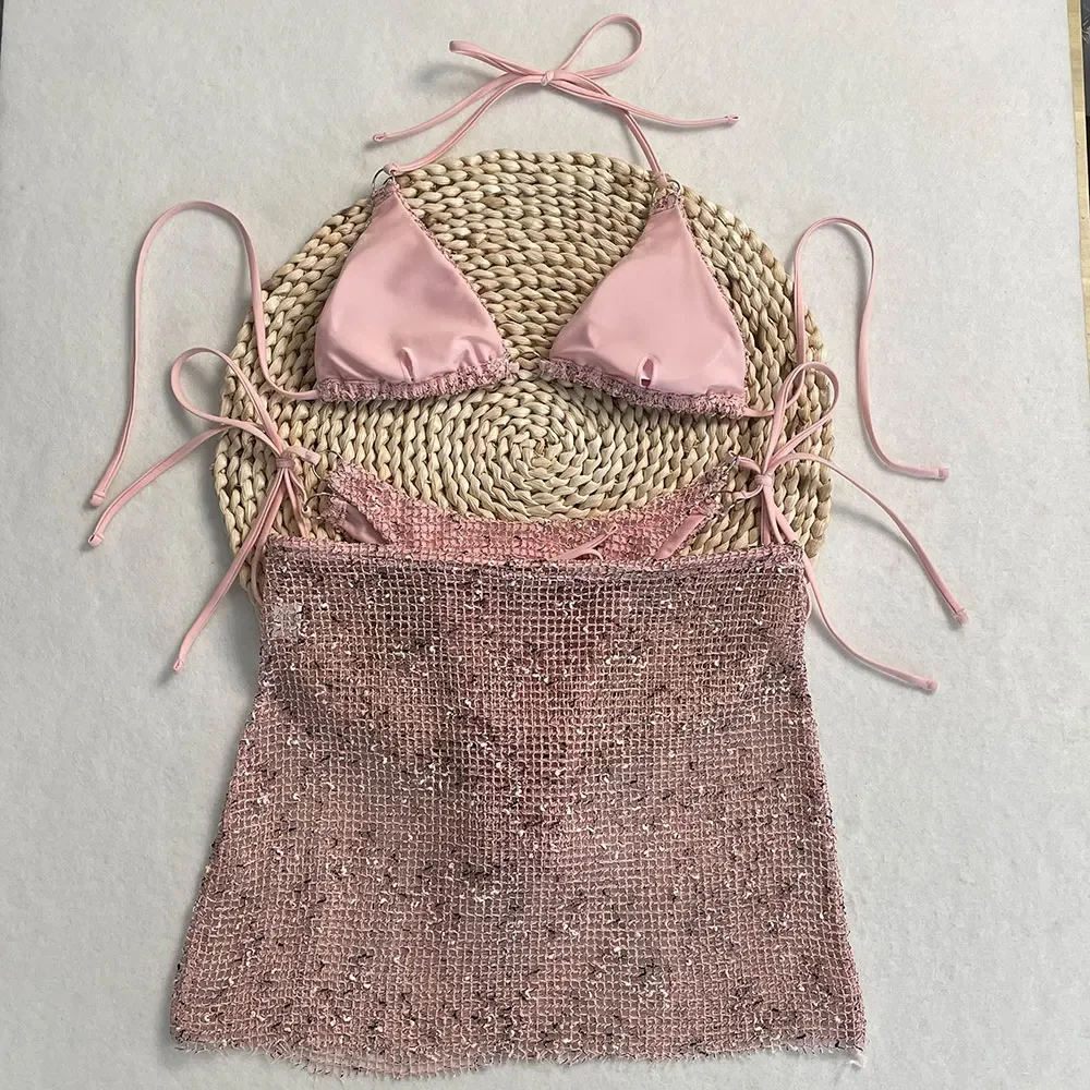 Shiny Swimsuit with Skirt Cover-Up 2025 Women's 3-Piece Bikini Set Adjustable Bathing Suit Summer Vacation Beachwear