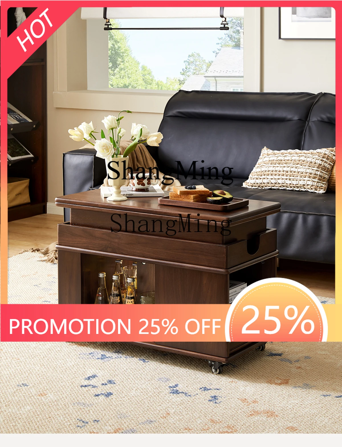 

FG good-looking retro solid wood sofa removable side few living room walnut tea cabinet shelf medieval lifting trolley