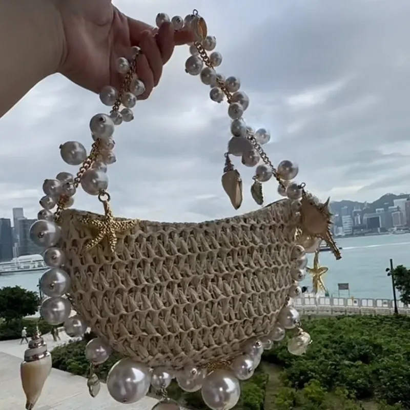 Fresh Sweet Pearls Chain Straw Bag 2024 New Beach Style All-match Handbags Female Purses Niche Designer Fashion Bolsas Mujer