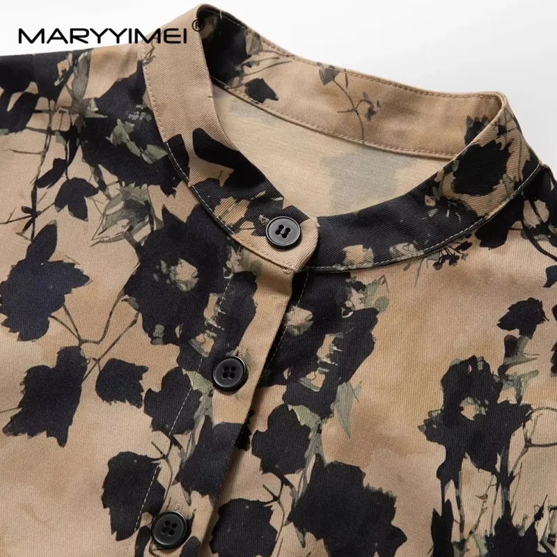 MARYYIMEI Fashion Design Spring Summer Women\'s Cotton Vintage Stand Collar Short-Sleeved Lace-UP Print Single Breasted Dresses