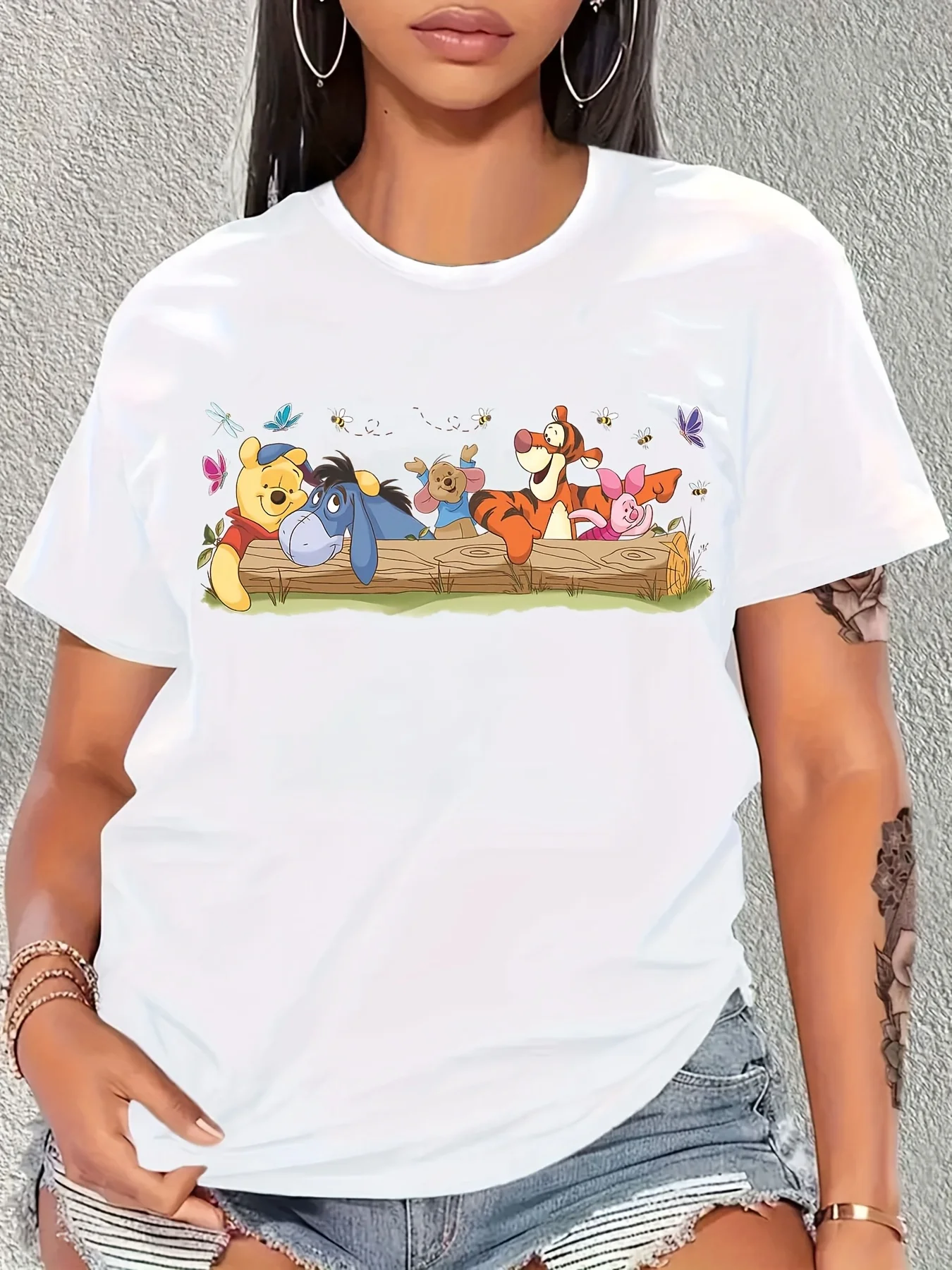 T-shirt taglie forti da donna Estate Nuovo Eeyore Disney Cartoon stampato a maniche corte Tendenza moda Top casual allentato versatile