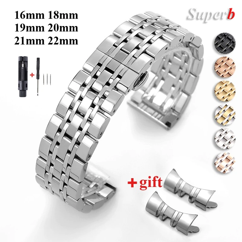 Gebogenes Endband, 16 mm, 18 mm, 19 mm, 20 mm, 21 mm, 22 mm, Metall-Armband, massives Edelstahl-Uhrenarmband für TISSOT Butterfly-Schnalle