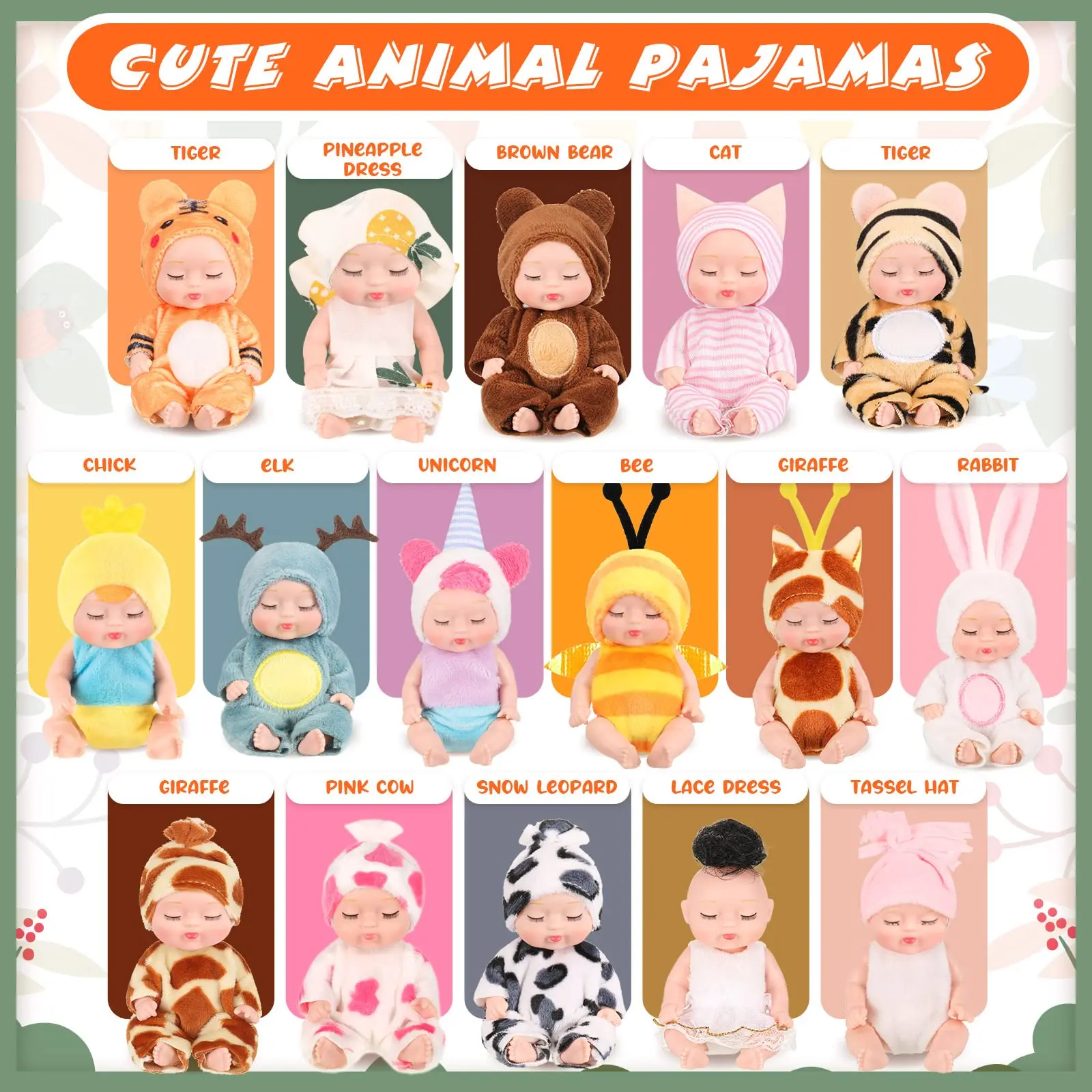 ตุ๊กตาเด็กเกิดใหม่ขนาดเล็ก 4 นิ้ว 16 ชิ้น เหมือนจริง พร้อมชุดสัตว์น่ารัก ของขวัญชุดตุ๊กตาเด็กทารกสำหรับเด็ก