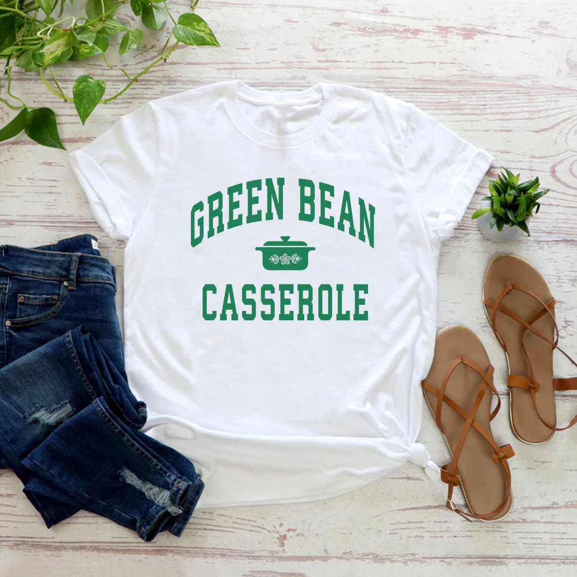 Green Bean Casserole T-Shirt Funny Thanksgiving T-shirt Retro Kitchen Gift Women Short Sleeve Crewneck Casual Tops Women Clothes