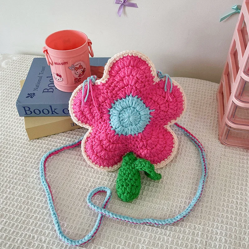 

Cute Flower Crochet Shoulder Bag Handmade Knitting Crossbody Bags for Women Street Funny Rope Woven Purses for Girls Handbag NEW