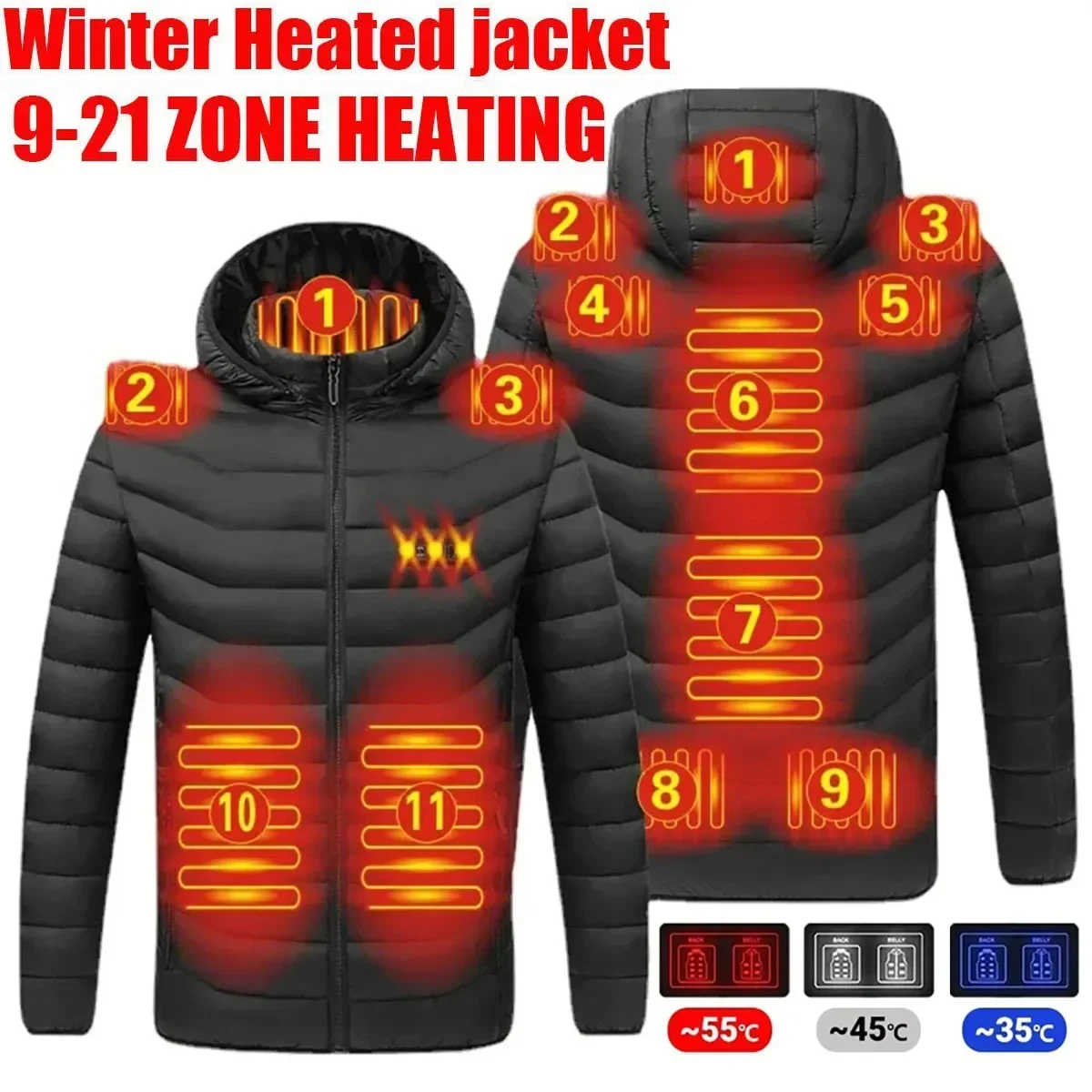 21 Chaqueta con calefacción inteligente para hombre, Parka con calefacción eléctrica Usb inteligente para invierno, abrigo térmico de algodón para mujer, ropa de nieve cálida para exteriores