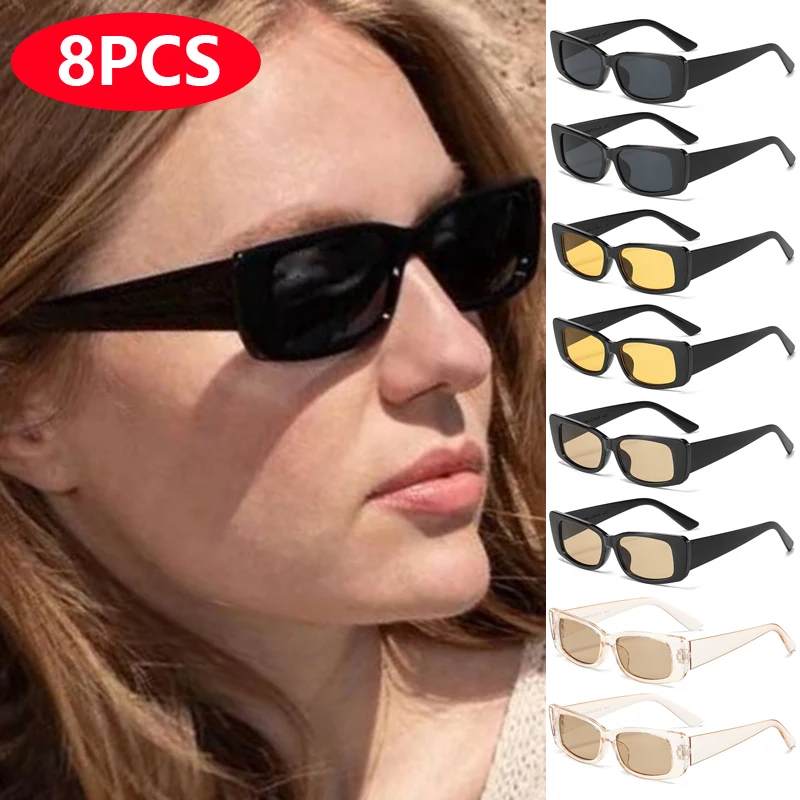 8pcs New Small Frame Cat Eye Square Sunglasses Women INS Personalized Luxury Sunglasses Retro UV Resistant Glasses Unisex