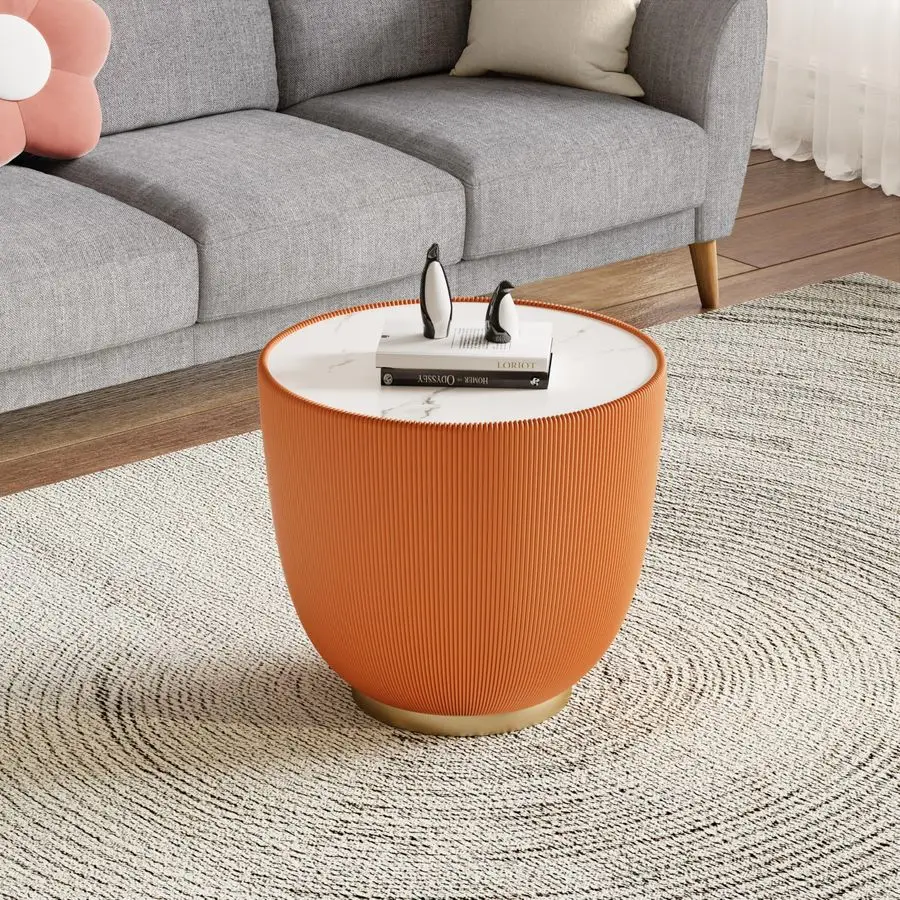 

Круглый журнальный столик, современный оранжевый рифленый торцевой столик 19,7 с верхним усилителем из спеченного камня, металлическое основание из искусственной кожи, диван из искусственного мрамора
