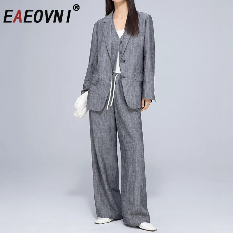 

EAEOVNI Linen Office Lady Women Set Button Suit Blazer Sleeveless Vest + Lace-up Waist Long Pants Fashion 2025 New 1A1239