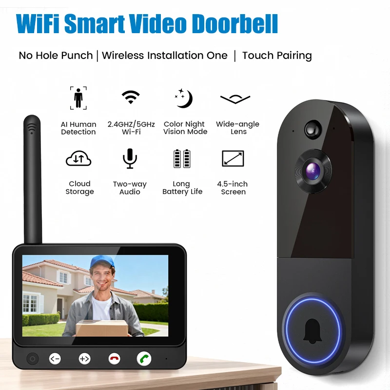 

2.4G WiFi Video Doorbell 1080P Wireless Door Bell Smart Two Way Intercom Camera Human Detection HD Night Vision Ring Bell