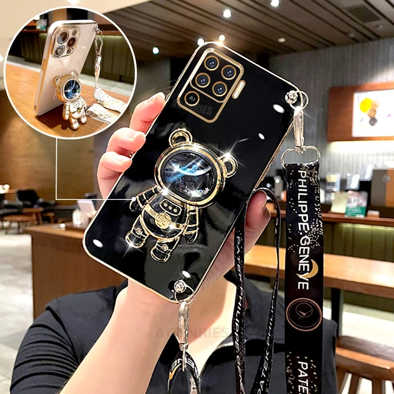 Reno5lite Crossbody Lanyard Plating Case For Oppo Reno 5 6 7 Lite A38 A54 A55 A57 A58 A78 4g 5g A15 A16 A94 Silicone Stand Cover