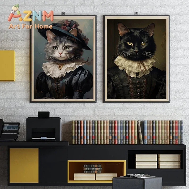 Vintage Renaissance Cat Portrait Black Cat Victorian Gothic Poster Canvas Painting Wall Art for Living Room Home Decor Frameless