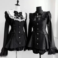 Jirai Kei Black White Bell Sleeve Lace Bow Collar Ryousan Dress Women Sweet Kawaii Dark Gothic Lolita Y2K Skirt Japanese Style 2