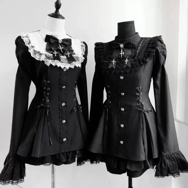 Jirai Kei Black White Bell Sleeve Lace Bow Collar Ryousan Dress Women Sweet Kawaii Dark Gothic Lolita Y2K Skirt Japanese Style 2 Jirai Kei Black White Bell Sleeve Lace Bow Collar Ryousan Dress Women Sweet Kawaii Dark – view 2
