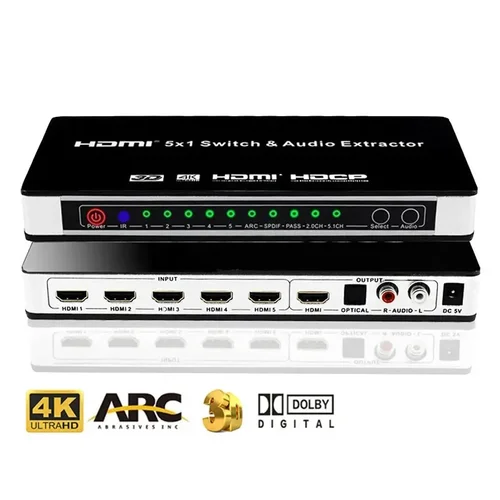 オーディオエクストラクター付きhdmiビデオオーディオスイッチャー、5ポート、4kスイッチャー、光付き5 in 1アウト、spdif r/l、arcオーディオアウトコンバーター