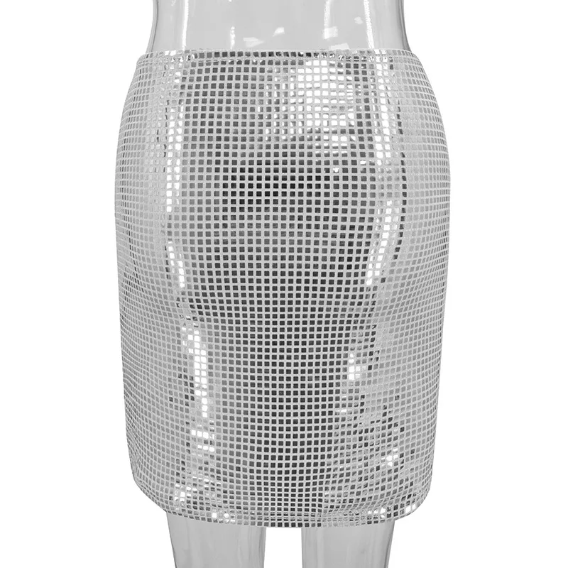 Summer Women Sequined Slim A-Line Skirt Ladies Wrap Hip Solid Sliver Mesh Skirt Female Casual Above-knee Sexy Fashion Skirts