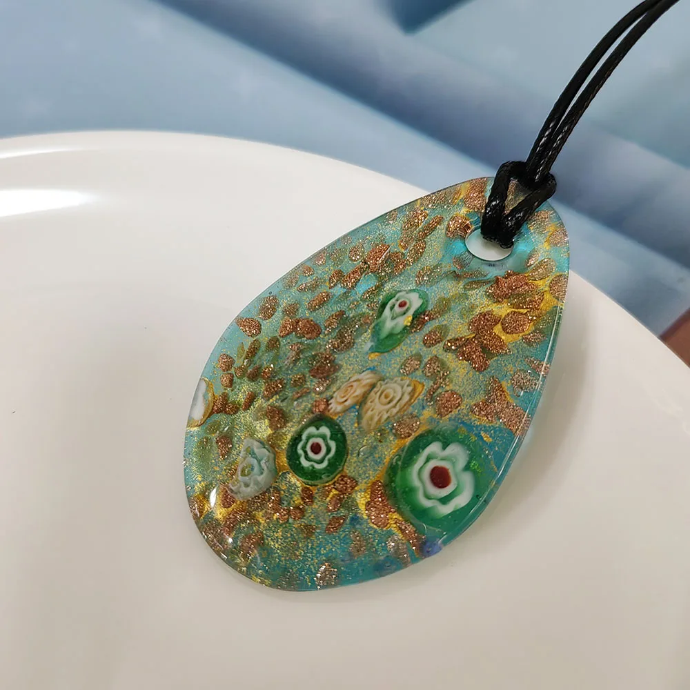 1pcs Fashion Elliptical Water Drop Golden Sand Inner Flower Glass Murano Pendant Necklace for Women, Affordable Price