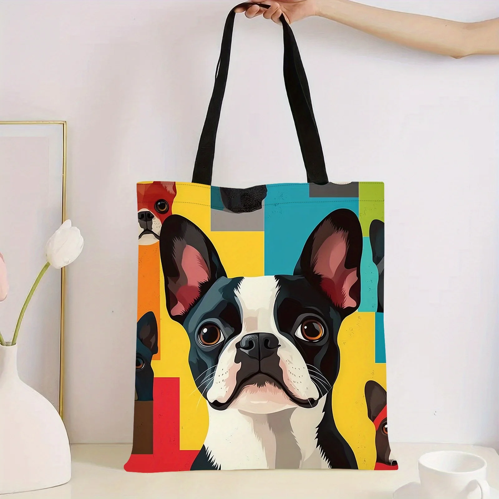 Reusable Polyester Tote Bag Boston Terrier Print, Large Grocery Shopper with Fixed Shoulder Straps for Christmas, Halloween