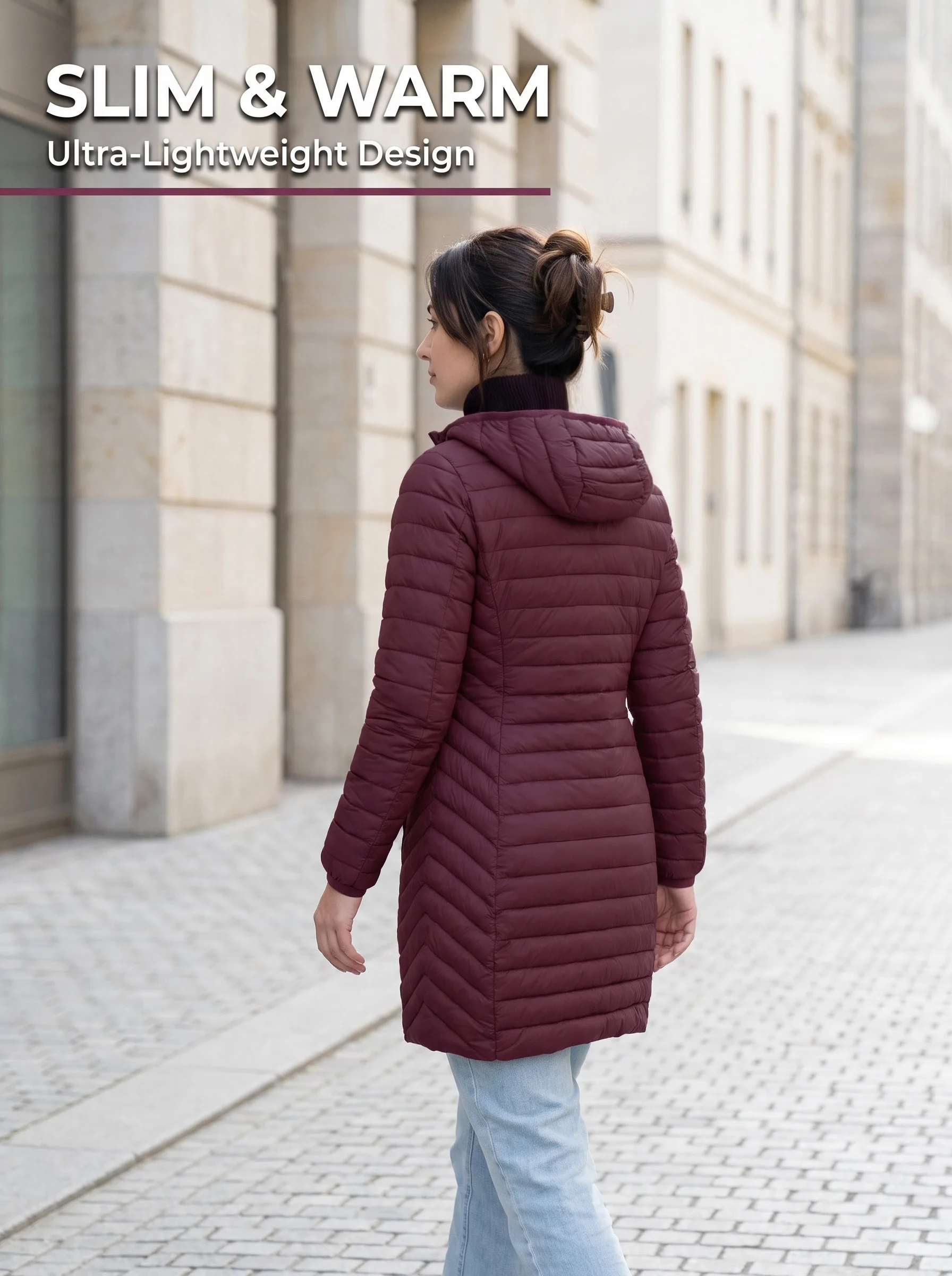 Ultralight Packable Puffer Coat for Women Long Warm Loose Solid Outwear with Detachable Hood