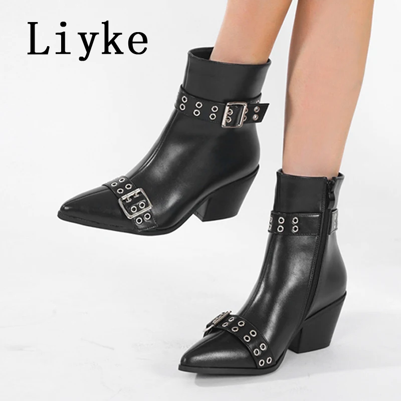 

Liyke модные винтажные женские ботильоны с заклепками и большой пряжкой на ремне, уютная кожаная осенне-зимняя обувь в стиле панк с острым носком на низком толстом каблуке