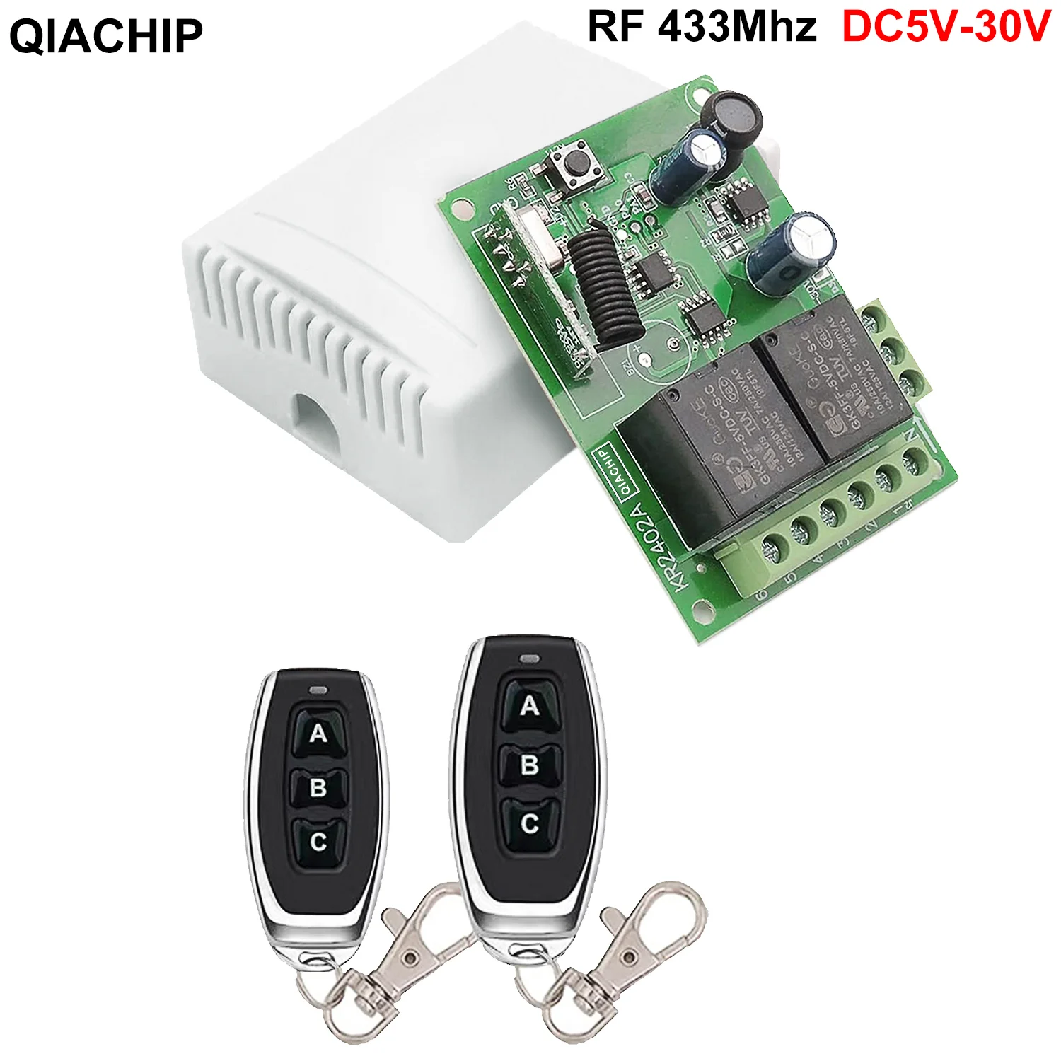 

QIACHIP 433MHz Wireless Remote Control Switch 2CH DC 5V 12V 24V 30V Receiver Relay Module RF Transmitter for garage door light