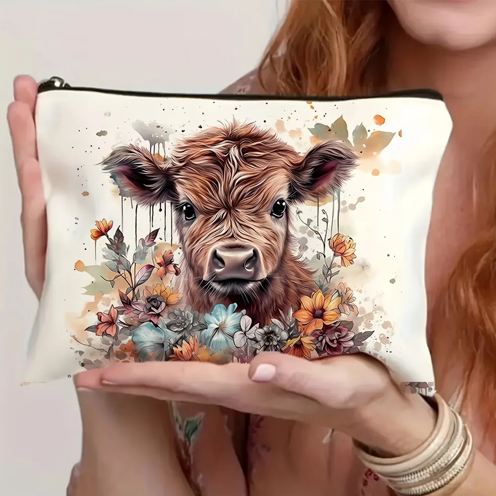 1Pc Western Highland Cow Makeup Bag, Double-Sided Print Zipper Pouch, Large Capacity Portable Farm Gift Storage Bag