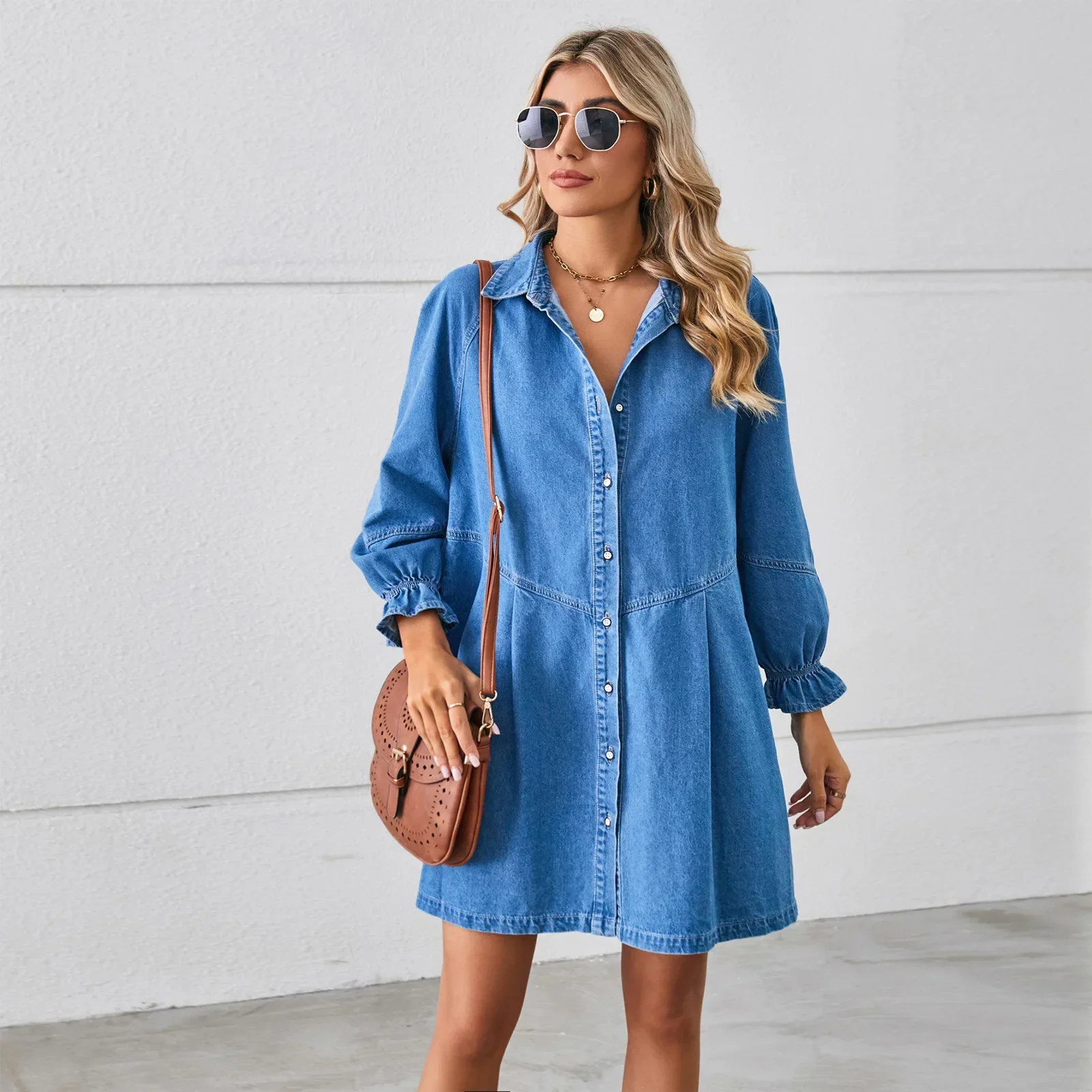 

Women Dresses Long Sleeve Single Breasted Denim Dress Vestidos Spliced Washing Pockets Basics Loose Fit Solid Button 2024