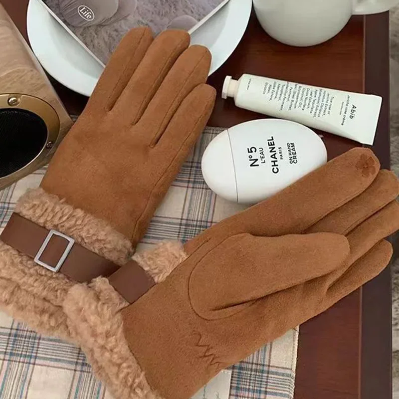 Women Suede Split Finger Gloves Winter Padded Thickened Warm Glove Wrist Extended Design Fingertip Touch Screen  Outdoor Riding