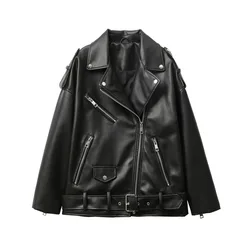 New 2025 Women's motorcycle leather PU imitation leather loose jacket black jacket