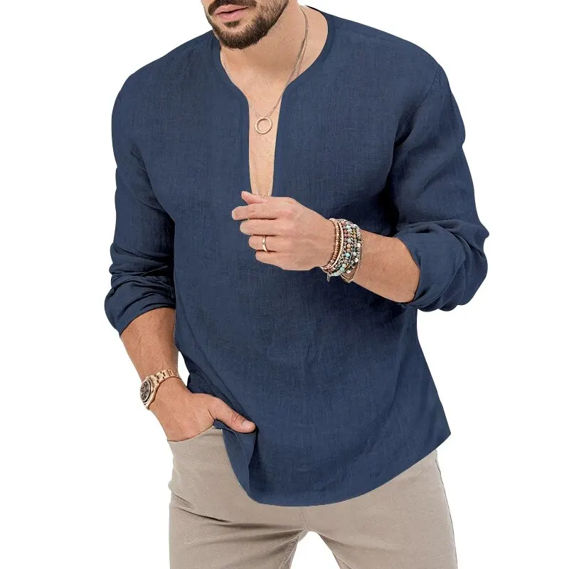 Men\'s Shirt Top V Neck Breathable Beach Shirt Long Sleeves Closure Regular Fit Solid Color Male Casual Shirt For Daily Vacation