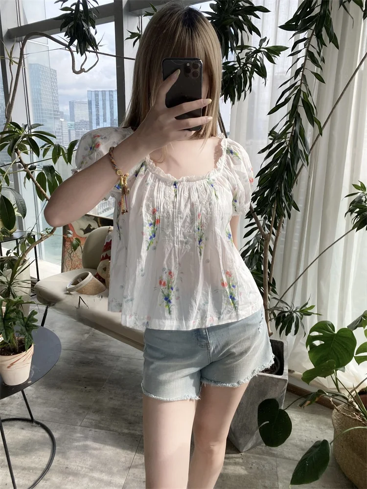

Susan French Country Style round Neck Short Sleeve Gradient Dyeing Watercolor Painting Lace Trim Cotton Shirt Women's Fashion